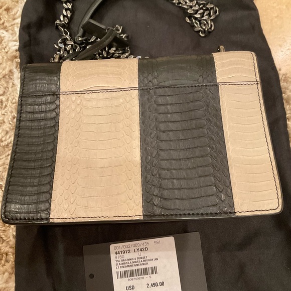 SAINT LAURENT BLACK/ CREAM STRIPED SNAKESKIN CROSSBODY PEWTER COLOR CHAIN - Picture 4 of 8